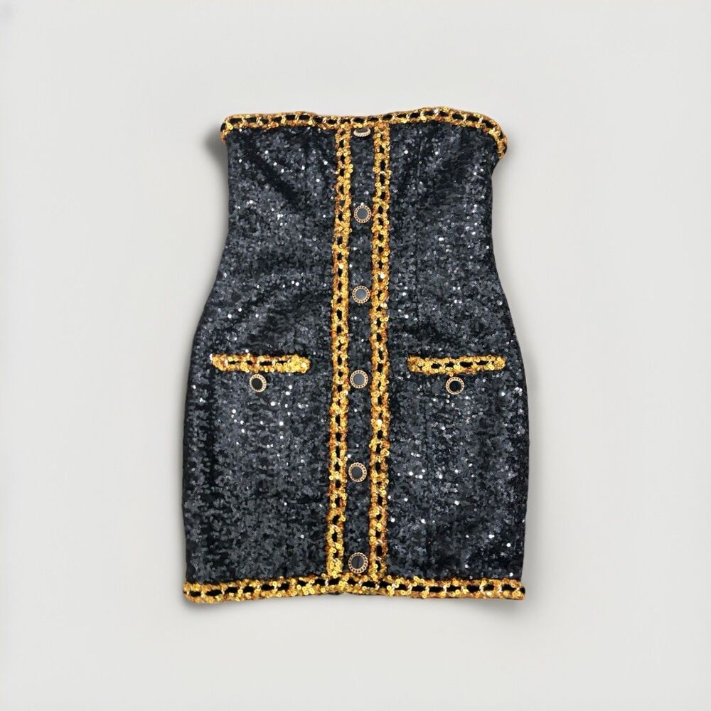 Miss Rosier Eulalia black embellished mini dress Sz S Sequin Gold Party Cocktail - Picture 10 of 16